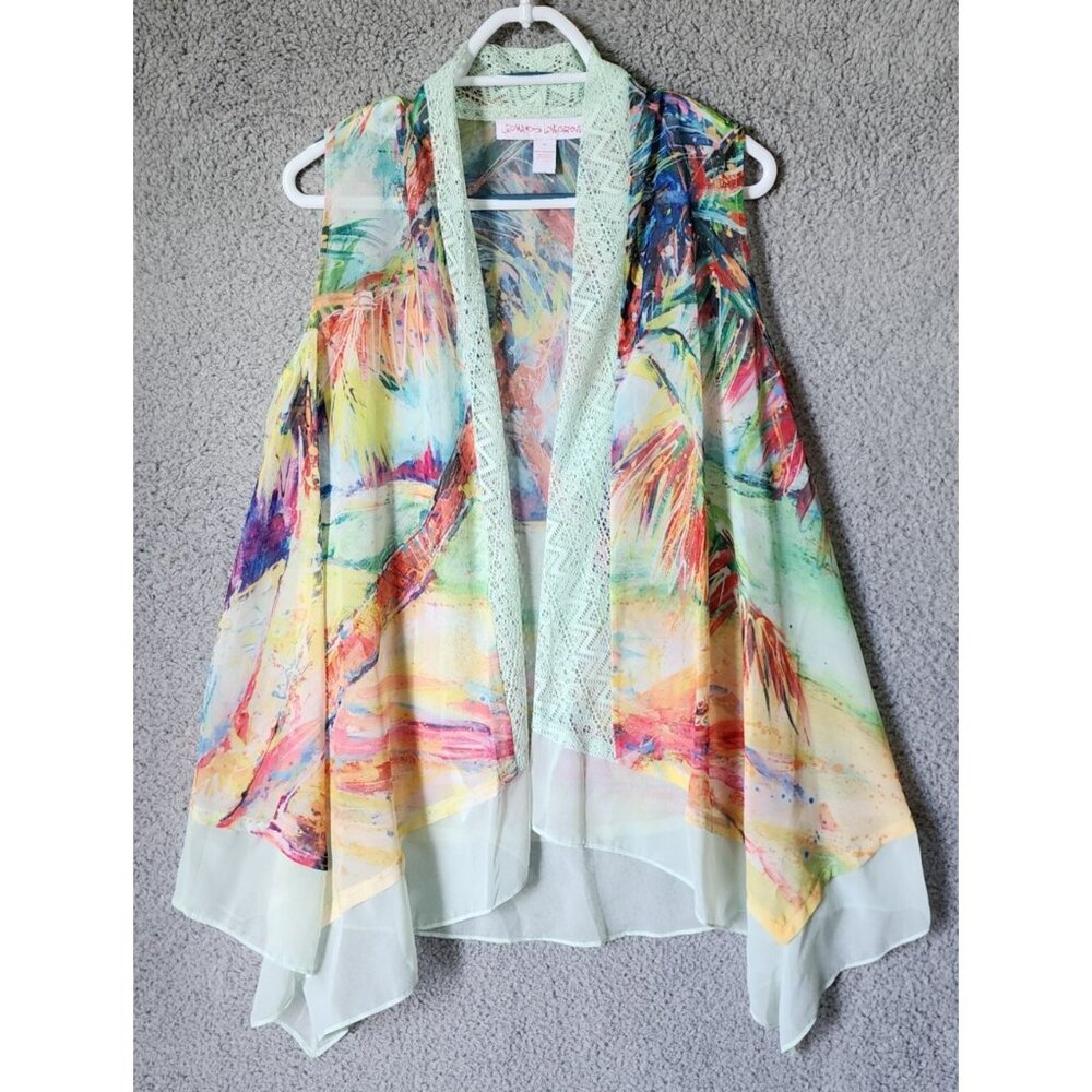 Leoma Lovegrove Women's Sleeveless Flowy Open Front Vest Knit Trim Palm Trees M‎